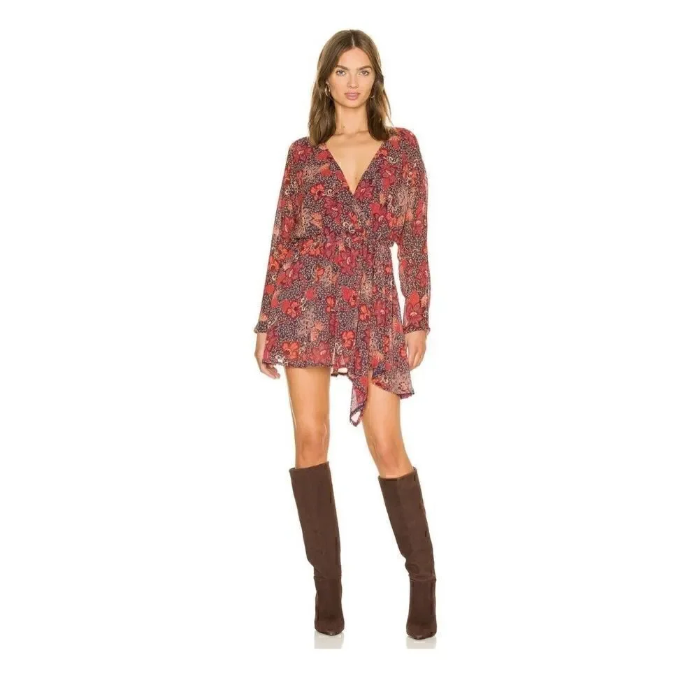 Free People Teegan Mini Dress Floral Print Orange Red Oversized Sz S NEW!